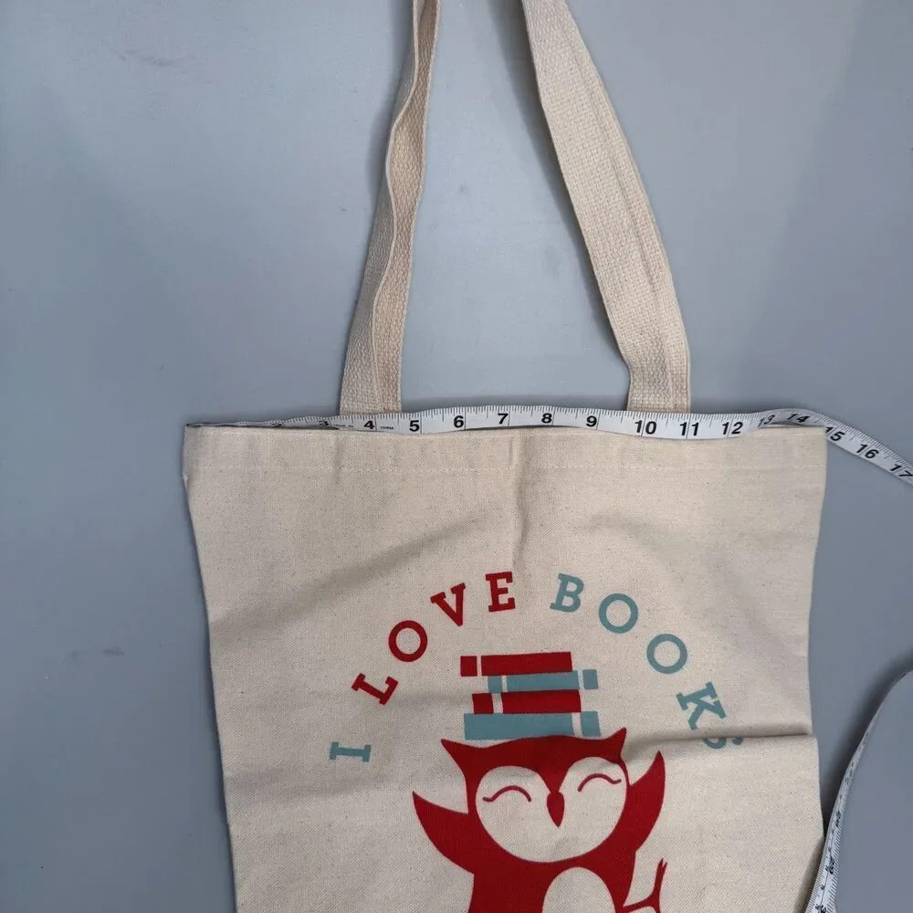 I Love Books Owl Tote Bag Red Owl Top Hat Tan Cotton Tapered Shopper 18x15 EUC-